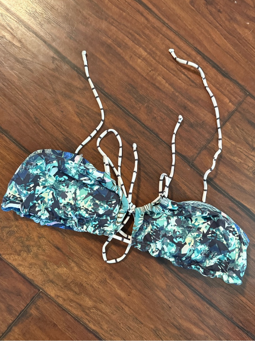 Blue Floral Bandeau Bikini Top with Striped Ties